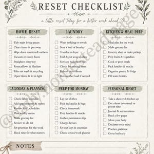 Könnte beinhalten: Eine Sunday Reset Checkliste auf Papier mit botanischen Illustrationen. Sie enthält sechs kategorisierte Abschnitte: Home Reset, Laundry, Kitchen & Meal Prep, Calendar & Planning, Prep for Monday und Personal Reset, jeweils mit Kontrollkästchen.