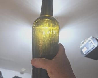 Antique 1850s Black Glass Bottle - Dark Olive Green Hand Blown Wine Cylinder - Sand Pontil Base & Applied Lip - Primitive Early American Man