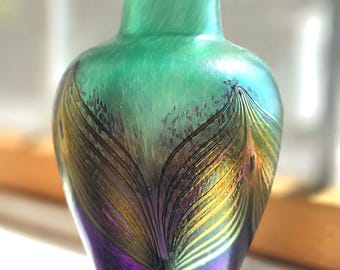 Robert Held Handmade Art Glass Vase, Iridescent Teal, Purple and Gold, Peacock Collection.