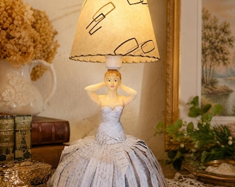 Vintage Half-Doll Boudoir Lamp | Handmade Love Letter Paper Dress | OOAK Upcycled Figural Table Lamp | Mid-Century Style