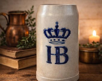 Vintage German HB Crown Stoneware Beer Stein | Hofbrau Style Tankard Mug