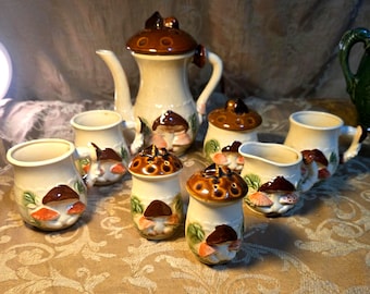 1970s Empress of Hurata Vintage Handmade Japanese Mushroom Tea Pot Set. With salt and pepper shakers (10 pc. Set)