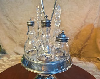 Vintage Silverplate 5-Bottle Cruet Castor Set with Glass Bottles
