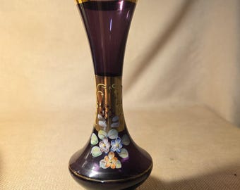 Vintage Arnart Japan Amethyst Glass Bud Vase, Hand Painted Flowers, Gold Gilt Rim