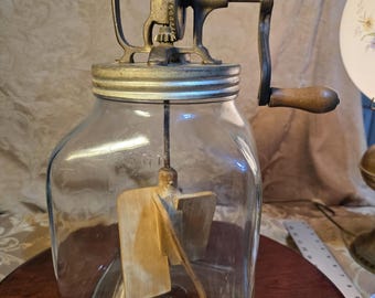 Antique 8 Qt Hand Crank Glass Butter Churn with Original Wood Paddles