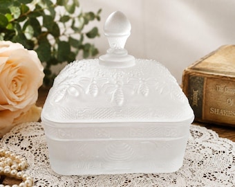 Tiara Vintage Frosted Glass Bee Trinket Box