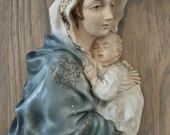 Signed Antonio Borsato Madonna Child Ceramic Plaque, Italian Mid Century Religious Art