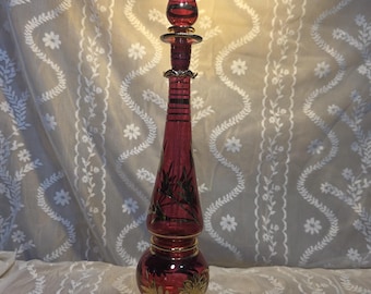 Vintage Cranberry Glass Perfume Bottle Decanter | Gold Gilt Floral Hand Painted | Bohemian Vanity Barber Bottle | 16" Tall