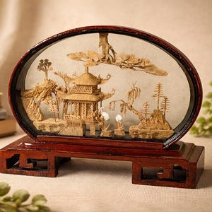 May include: An oval-shaped, wooden diorama featuring a detailed miniature Asian landscape. The scene includes a pagoda, trees, and figures, all crafted from light-colored wood. The diorama is set within a dark frame and rests on a red wooden base.