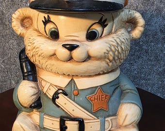 Rare 70s Twin Winton Ceramic Sheriff Cookie Jar Chief Policeman Bear Colorful