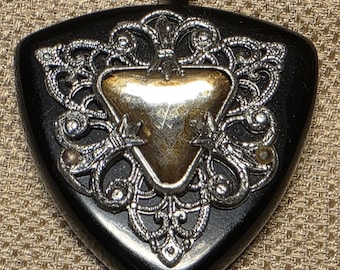 Victorian Mourning Clasp – Black Phenolic Filigree Brooch with Amber Glass