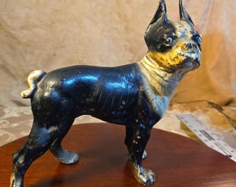 Antique Cast Iron Boston Terrier Dog Doorstop Original Paint 10"