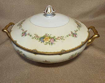 Vintage Noritake "Aileen" Covered Vegetable Bowl with Pink Florals, Gold Rim / Tureen China 1930s