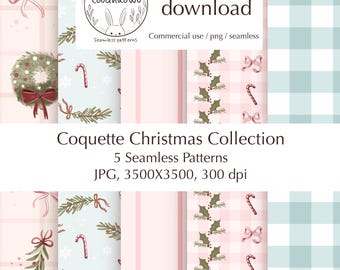 Bundel met naadloze kerstpatronen Coquette – 5 elegante feestelijke ontwerpen, pastelkleurige vakantietexturen, commercieel gebruik, Toolinkowo