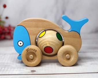 PERSONALIZED Wooden Montessori Whale Car - Handmade Waldorf Eco Friendly Push Toy - Birthday Gift For Toddler
