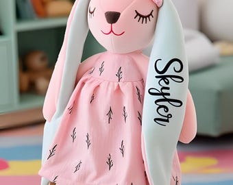 Personalized Bunny Plush with Name on Ear – Soft Pink Rabbit Toy for Kids
