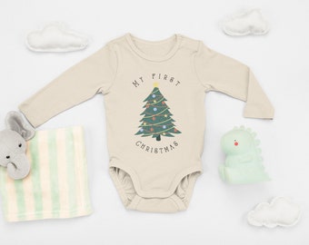My First Christmas Onesies®, Natural Long Sleeve Bodysuit, Holiday gift for baby