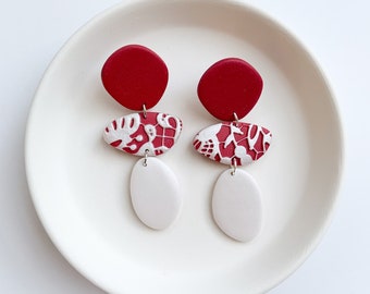 Red and White Lace Earrings | Hypoallergenic and Lightweight | Valentines Day Earrings | Polymer Clay Earrings | Galentines Day Gift