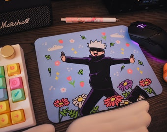 Satoru Gojo | Mouse Pad | Deskmat | Anime | Jujutsu Kaisen | Hearts | Flowers | Cute Kawaii | Blue | Strawberry | Gifts | Gaming | JJK