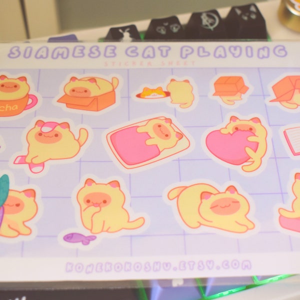 Siamese Cat Playing | Sticker Sheet | Kitty Cats | Daily Life | Cute, Kawaii | Trendy, Aesthetic | Stickers | Journaling | Planning