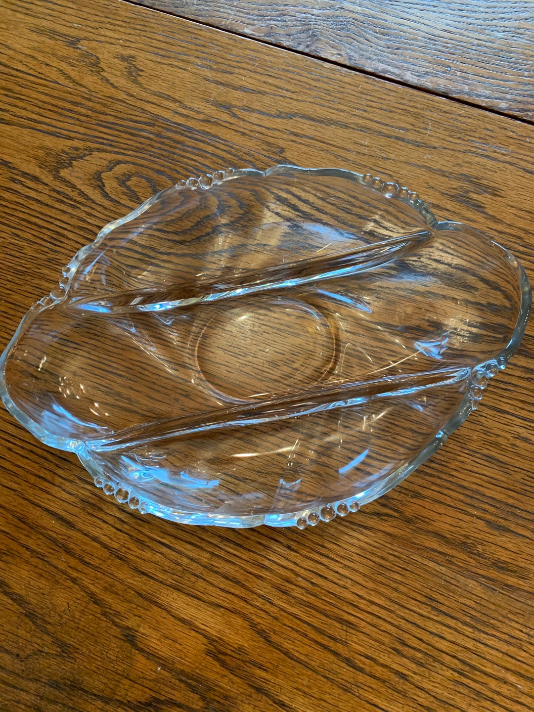 Heavy Crystal Bowl With Three Dividers Oval Leaf Shaped Vintage Glass