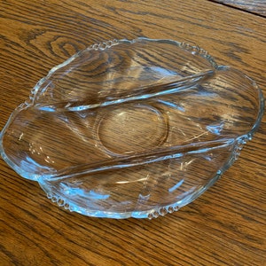 Heavy Crystal Bowl with Three Dividers Oval Leaf Shaped Vintage Glass Bowl in Excellent Condition!