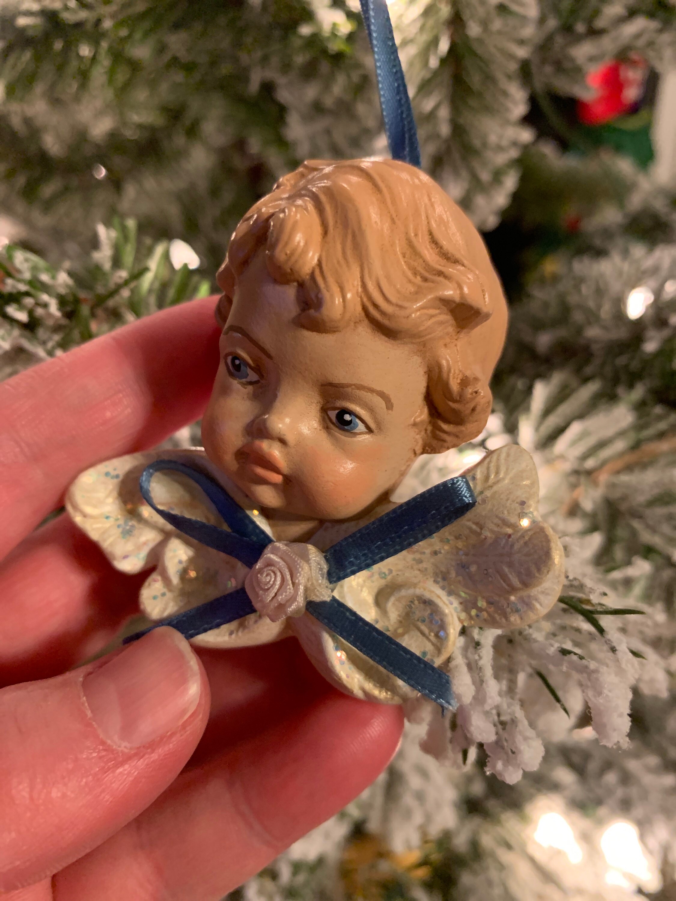 ハンドメイド スマイリー 円座☆ Vintage Christmas Ceramic Hand Painted Ornament Cute Baby Angel