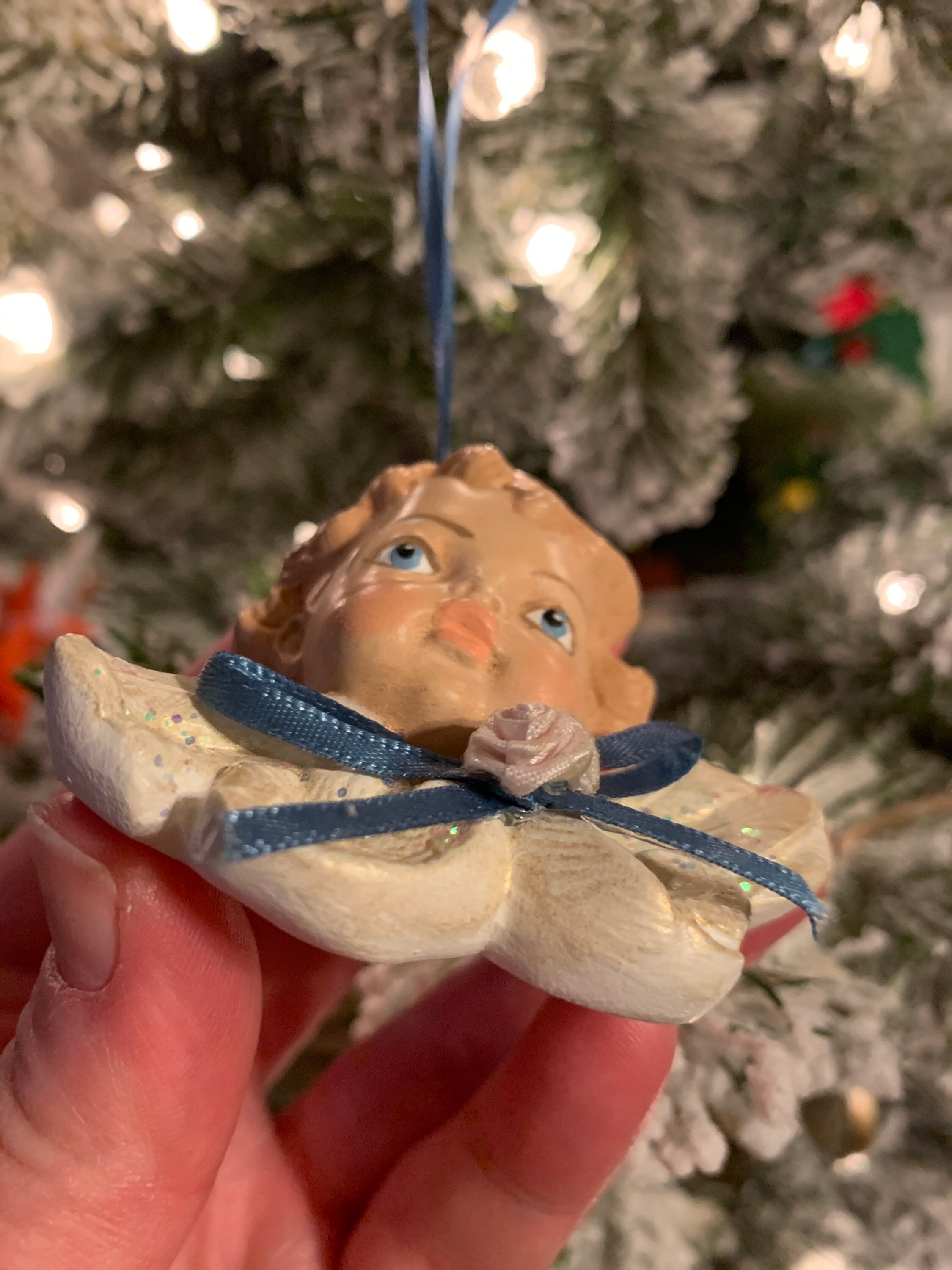 Vintage Christmas Ceramic Hand Painted Ornament Cute Baby Angel
