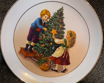 Piatto natalizio Avon del 1982 in ceramica, edizione vintage "Ricordi di Natale" con bordo in oro 22 carati!