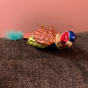 Glass Bird Christmas Ornament- Vintage Colorful Glass Bird Ornament with Feather Tail in Excellent Condition!