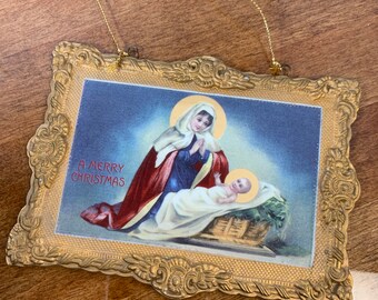 Mary and Baby Jesus Ornament/Wall Hanging- Vintage Ceramic Ornament “A Merry Christmas” Frame with Gold in Excellent Condition!