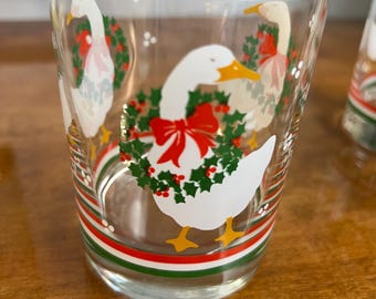 Libbey “Christmas Geese” Rocks or Double Old Fashioned Glasses Set of Four in Excellent Condition!