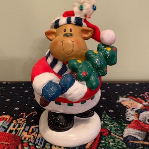 Christmas Reindeer Figurine- Heavy Vintage Holiday Reindeer with Tree and Santa Outfit in Excellent Condition!