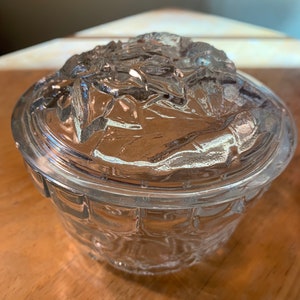 Crystal Glass Flower Themed Clear Vintage Glass Bowl with Lid in Excellent Condition!