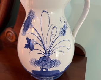 ヴィンテージ イタリア製 陶器 手描き ピッチャー 水差し 花瓶 青と