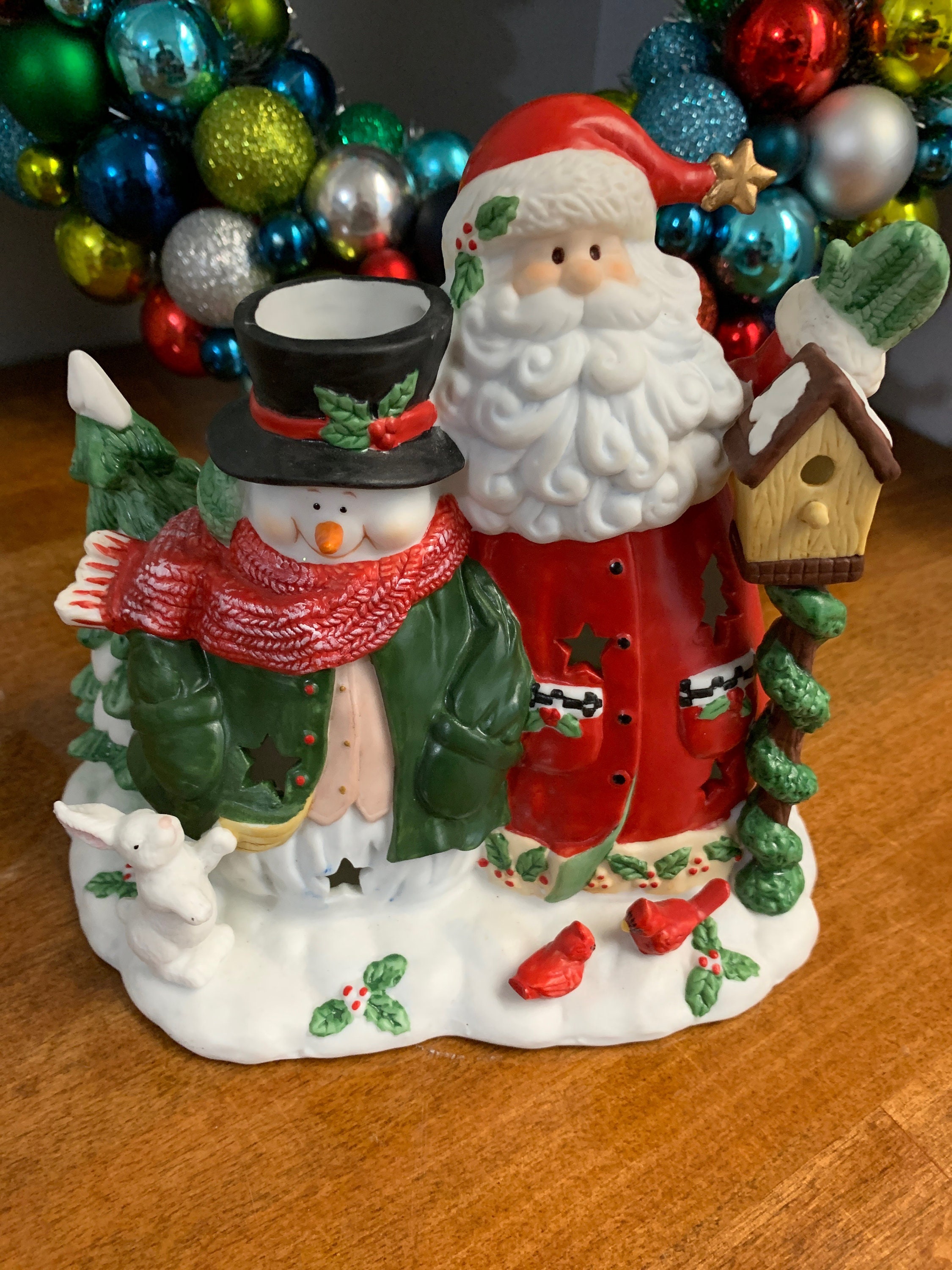 Christmas Tea Candle Holder- Vintage Holiday Porcelain Santa and Snowman Tea Candle Holder in Excellent Condition!