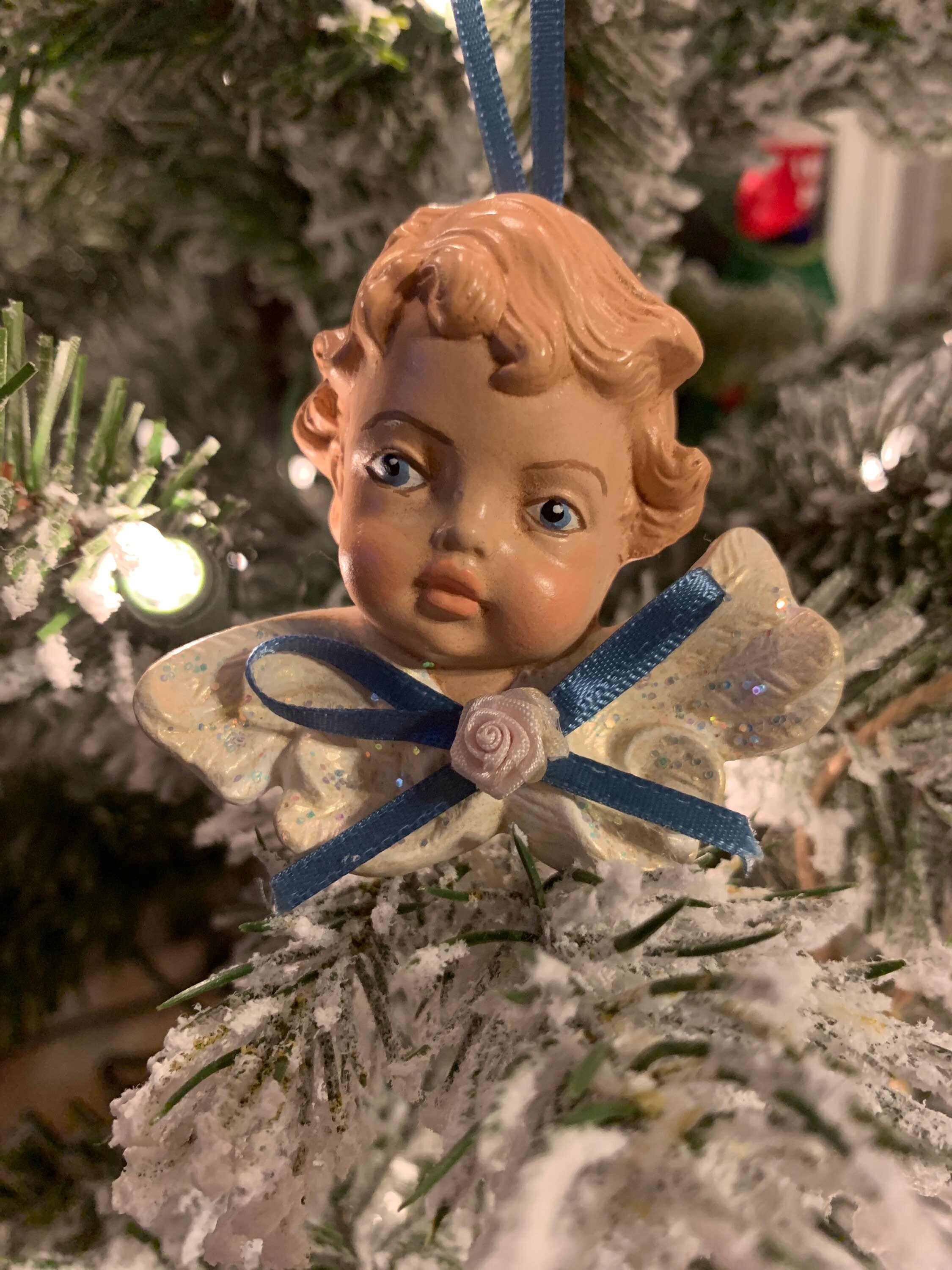 ハンドメイド スマイリー 円座☆ Vintage Christmas Ceramic Hand Painted Ornament Cute Baby Angel