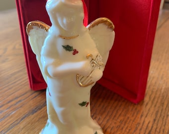 Christmas Collectable Ceramic Angel Ornament with Instrument and Holly NEW in Original Box!