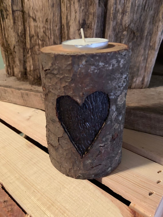 Heart Hand Carved Wood TeaLight Candle Holder