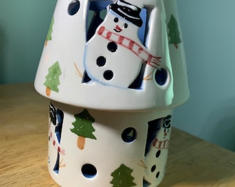 Winter or Christmas Snowman Tea Candle Holder Snowman with Trees Ceramic Vintage Tea light Holder NEW in Original Box!