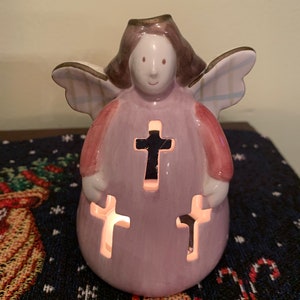 Angel Votive Candle Holder- Ceramic Hand Painted Vintage Angel Tea Light Candle Holder with Three Crosses in Excellent Condition!
