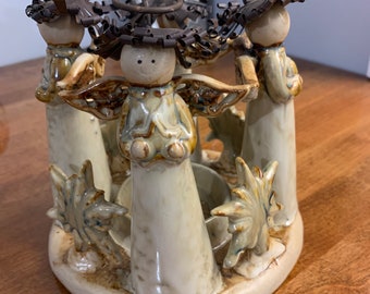 Angel Tea Light Holder- Ceramic and Vintage Holiday Tea Candle Holder with Four Angels and Stars in Great Condition!