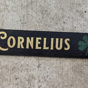 May include: Black leather keychain with the name "Cornelius" in gold lettering and a green shamrock.