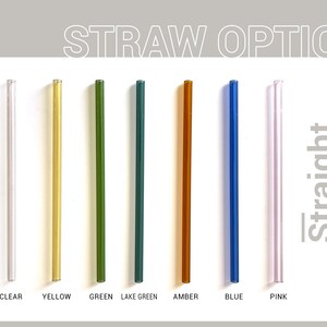 May include: Eight glass drinking straws in different colors: clear, yellow, green, lake green, amber, blue, and pink. The straws are all straight and are labeled with their color below them. The text "STRAW OPTION" is at the top of the image and the text "Straight" is on the right side of the image.