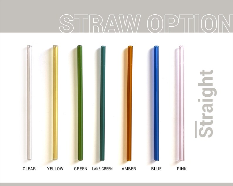 May include: Eight glass drinking straws in different colors: clear, yellow, green, lake green, amber, blue, and pink. The straws are all straight and are labeled with their color below them. The text "STRAW OPTION" is at the top of the image and the text "Straight" is on the right side of the image.