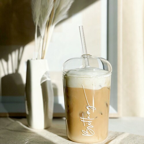 Vaso personalizado / Vaso personalizado con tapa y pajita / Vaso de vidrio con tapa abovedada / Vaso de vidrio de 16 oz con tapa, pajita de vidrio / regalo para ella