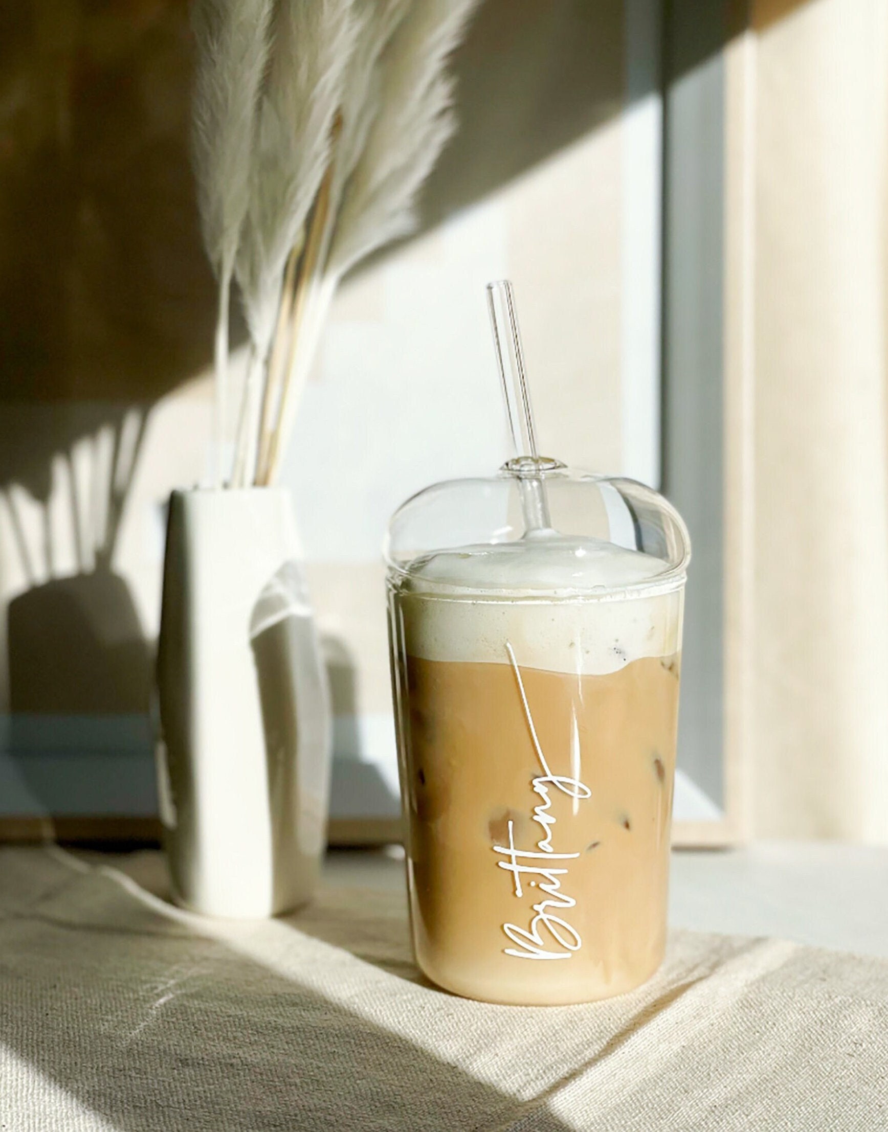 Personalized Iced Coffee Glass Tumbler with Lid & Straw –
