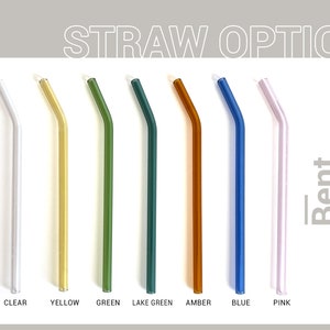 May include: Eight glass drinking straws in different colors: clear, yellow, green, lake green, amber, blue, pink. The straws are bent and labeled "Bent".
