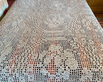 Manta de lana vintage tejida a mano a crochet, estilo ecológico, color beige, estampado floral, 220 x 220 cm.