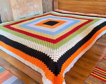 Vintage Hand Crochet Wool/Acrylic Granny Square Blanket – Boho Throw Coverlet
